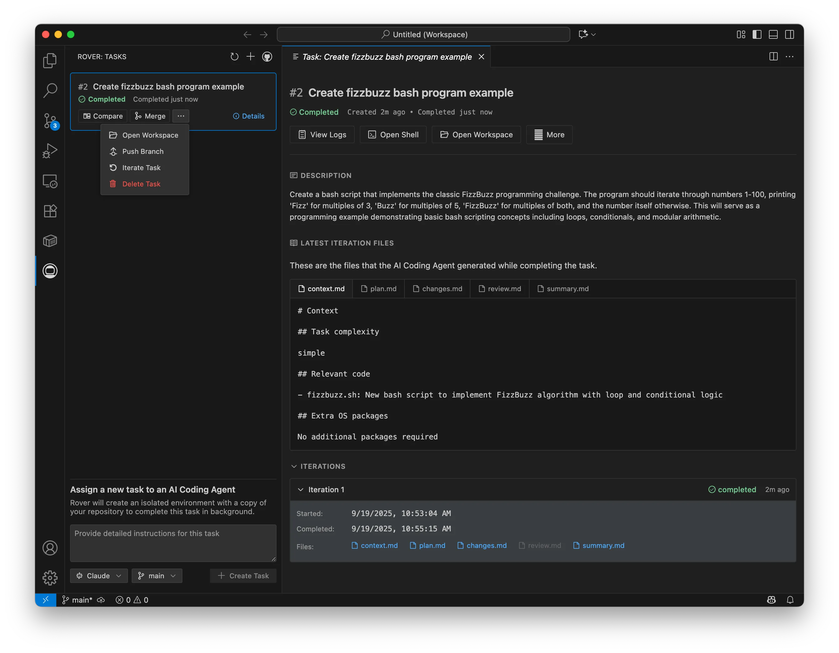 Screenshot showing the task list with the task in "Completed" status, with the contextual menu open to show more available actions for the task