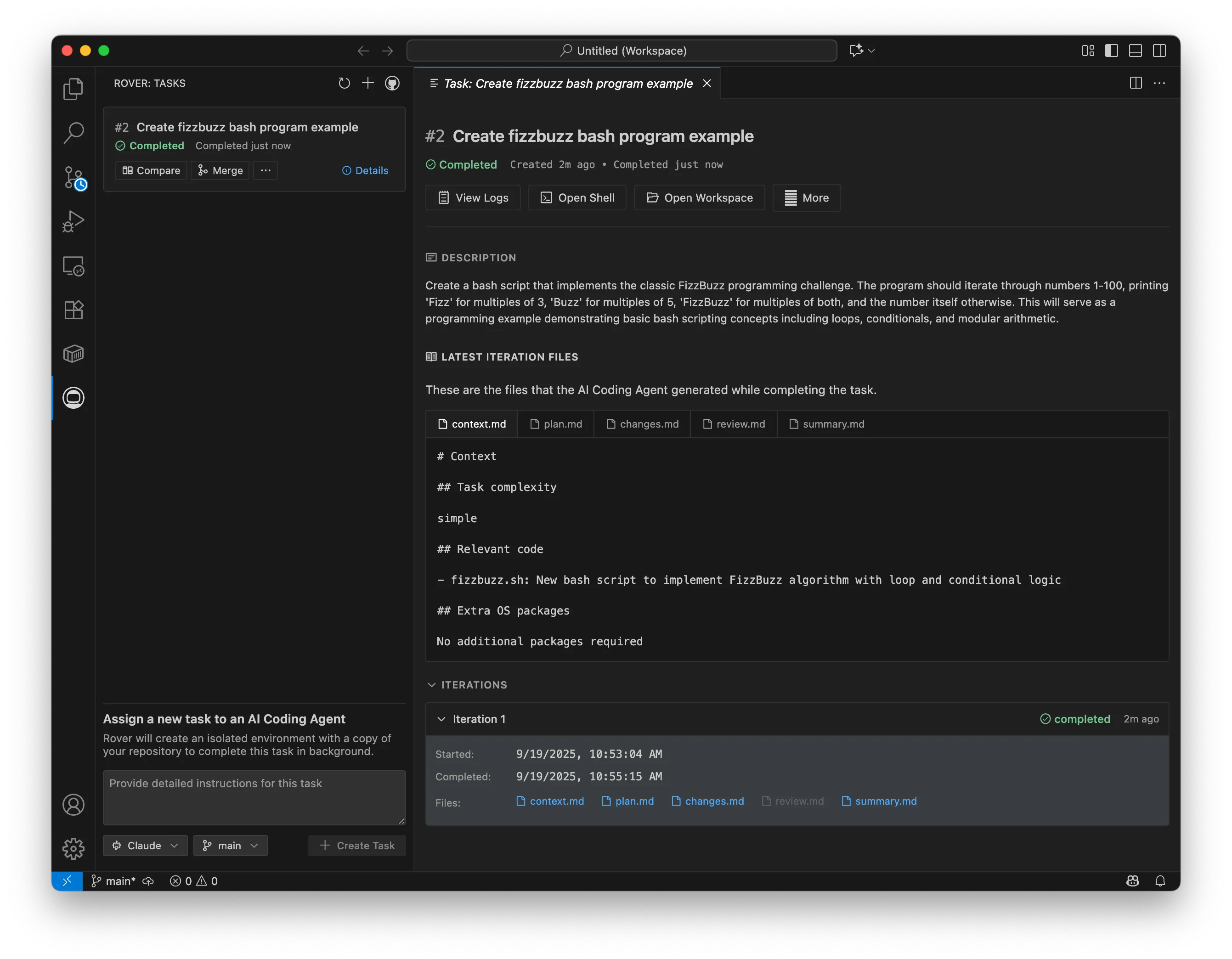 Screenshot showing the task list with the task in "Completed" status